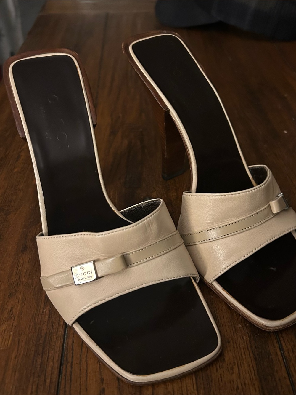 These shoes are vintage Gucci leather heeled mules.